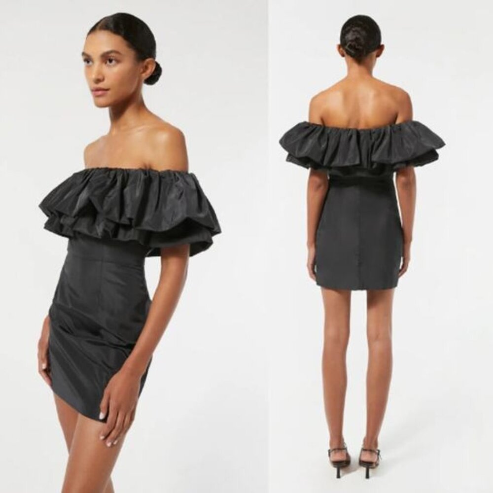 NWT Rhode Off The Shoulder Tiered Ruffled Neck Vivi Mini Dress Black Size: 4